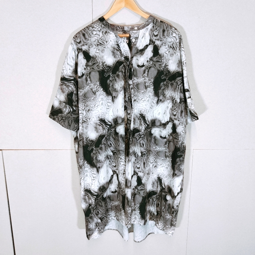 Kin Grey Dress Size UK 12 Marble Print Oversized Lagenlook Pockets Cotton Artsy - Picture 1 of 9